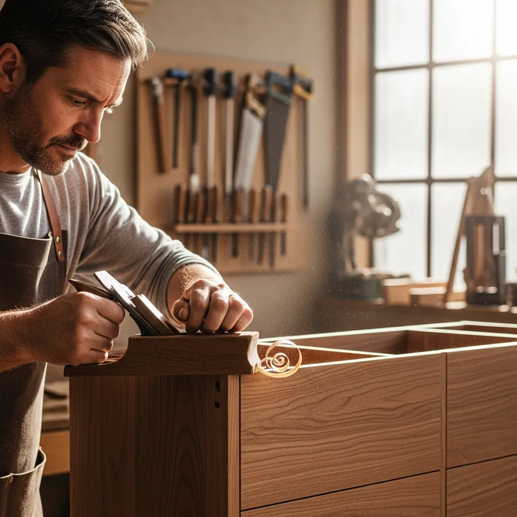 Nærbillede af en snedker der arbejder på et møbel i vores værksted